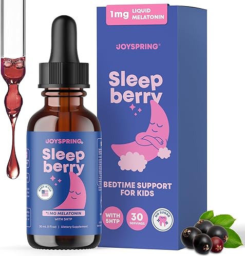 JoySpring Melatonina 1MG para niños | 5HTP y L-teanina – Melatonina líquida sin azúcar para niños y adolescentes – Suplemento de sueño apto para