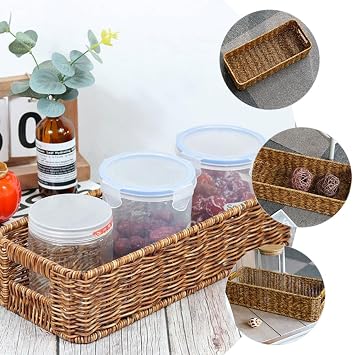 Rattan Woven Storage Basket Desktop Organizer in Coffee Colour, Imitation Rattan Material with Iron and Pp, Not Easy to Break Or Deform, for Table Decoration and Kitchen Decor
