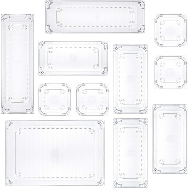 Lawei 11 Pcs Desk Drawer Organizer Trays Clear Plastic Storage Boxes Dividers for Utensils Junks Vanities Makeups Jewelry Office Craft Supplies - 4 Sizes