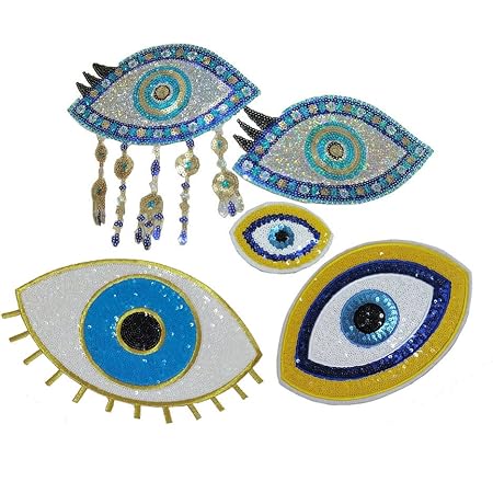 Amazon Com 5 件大型亮片心形邪惡之眼貼片 無膠卡通圖案貼花刺繡服裝配件 藍色a 藝術 手工藝與縫紉