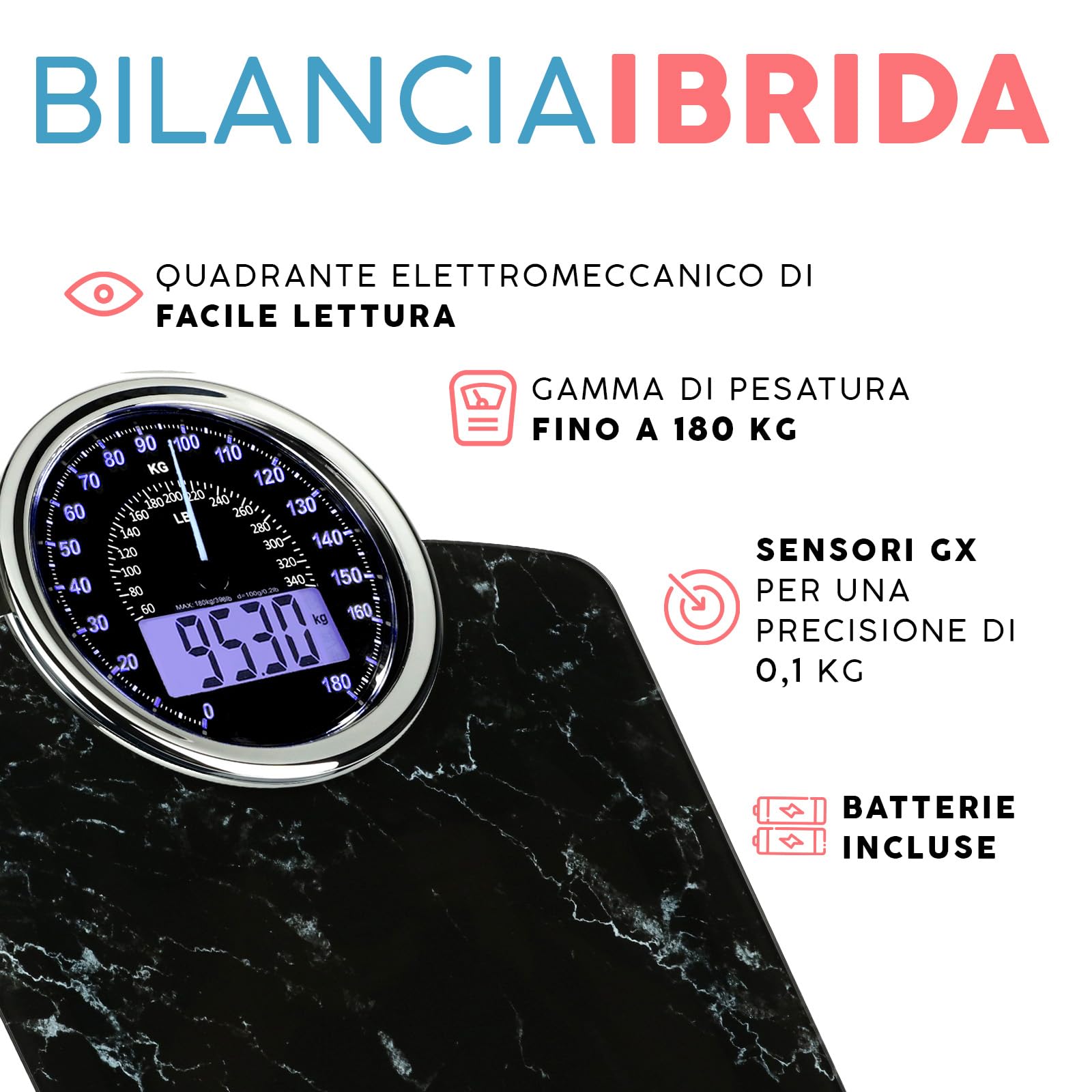 Hybrid Bilancia Pesapersone - Analogica & Digitale, Precisa fino a 180 kg | Leggete il peso su quadrante analogico e LCD insieme. Piattaforma larga, 3 batterie AAA incluse, pronta all'uso.
