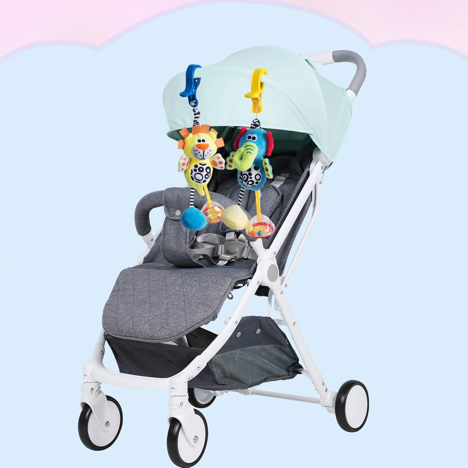 Raneylity - 2 Pack Colorful Animal Rattle Toys for Babies with Sound - Baby Hanging Plush Toy Clip on Pram, Pushchair, Crib, Car Seat - Infants Sensory Toys for 3~12 Months Old Boys and Girls : Toys & Games