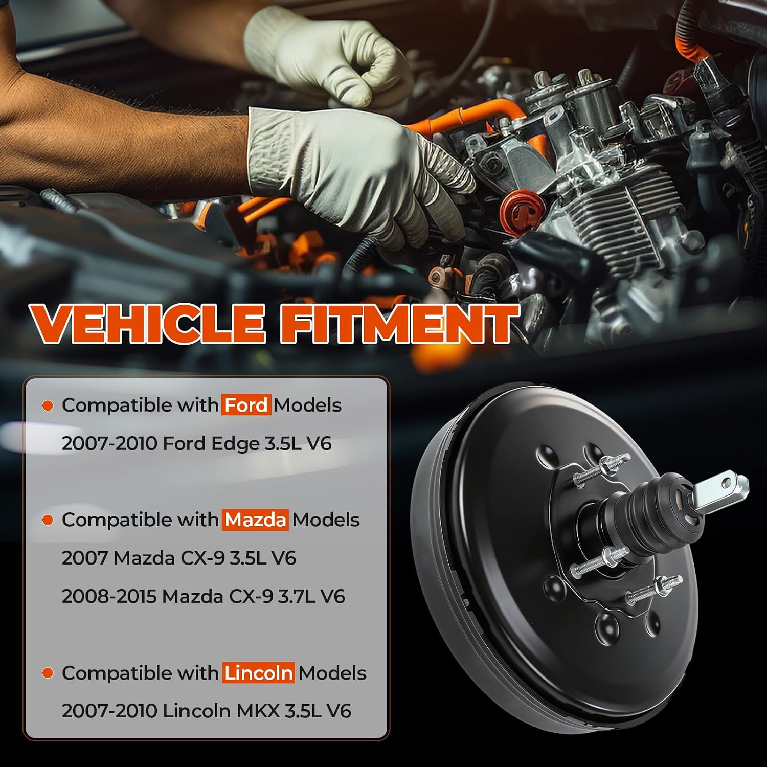 54-74232 Vacuum Power Brake Booster Compatible with 2007-2010 Lincoln MKX 2007-2010 Ford Edge 2007-2010 Mazda CX-9 3.5L 3.7L V6, Direct Replacement Brake Booster Replace 7T4Z2005A 8T4Z2005A