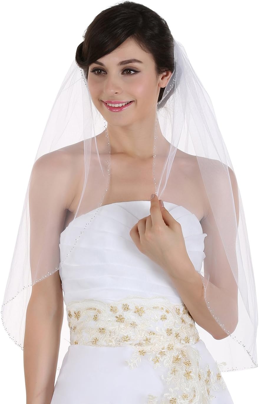 1T 1 Tier Beaded Edge Bridal Wedding Veil - Ivory Elbow Length 30"