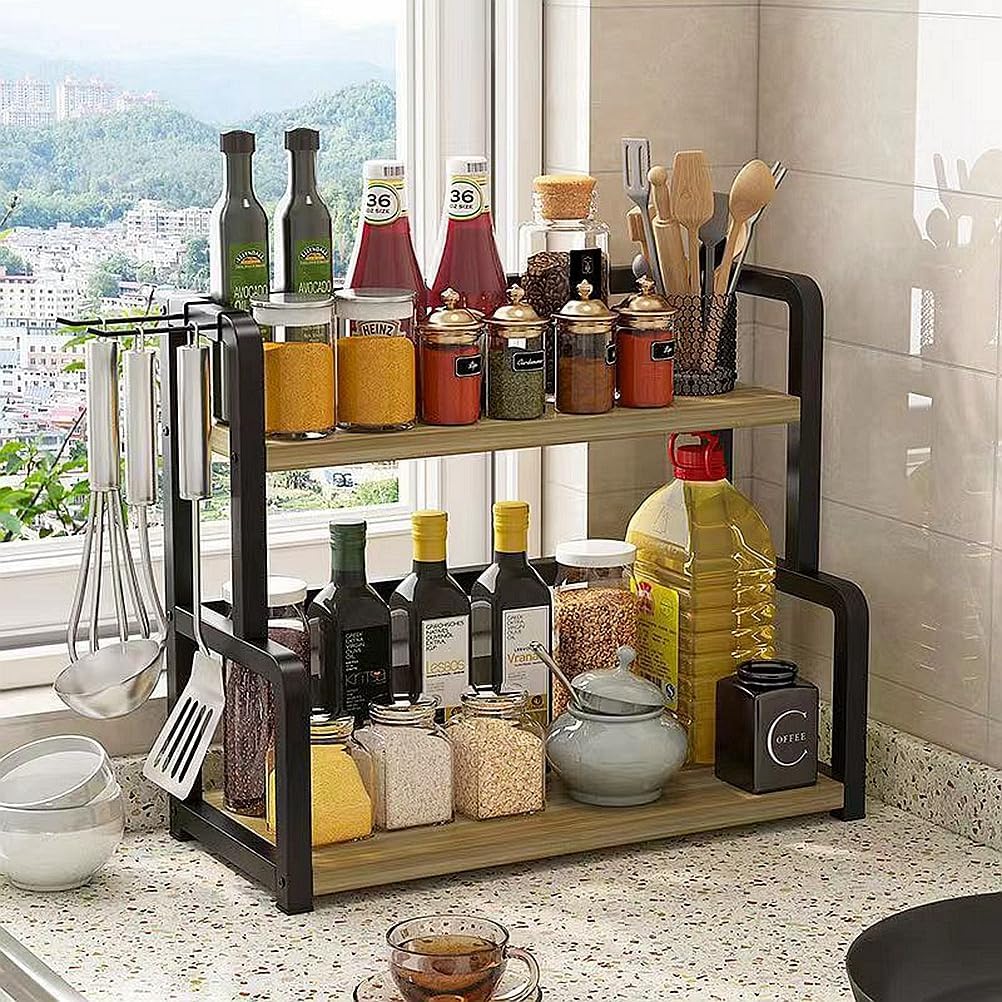 Stainless steel +wooden board 2-tier kitchen countertop condiment spice storage rack, wood black seasoning tank kitchen supplies organizer shelf (Large)