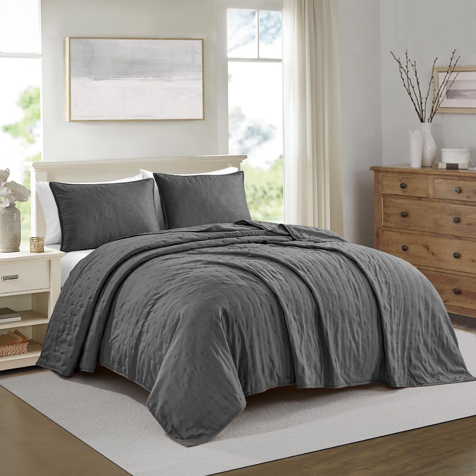 BOURINA Ultrasonic Quilt Set 3-Piece Bedding Set Pre-Washed Microfiber Ultra Soft Lightweight Star Bedspread Coverlet Set for All Season, Queen Charcoal