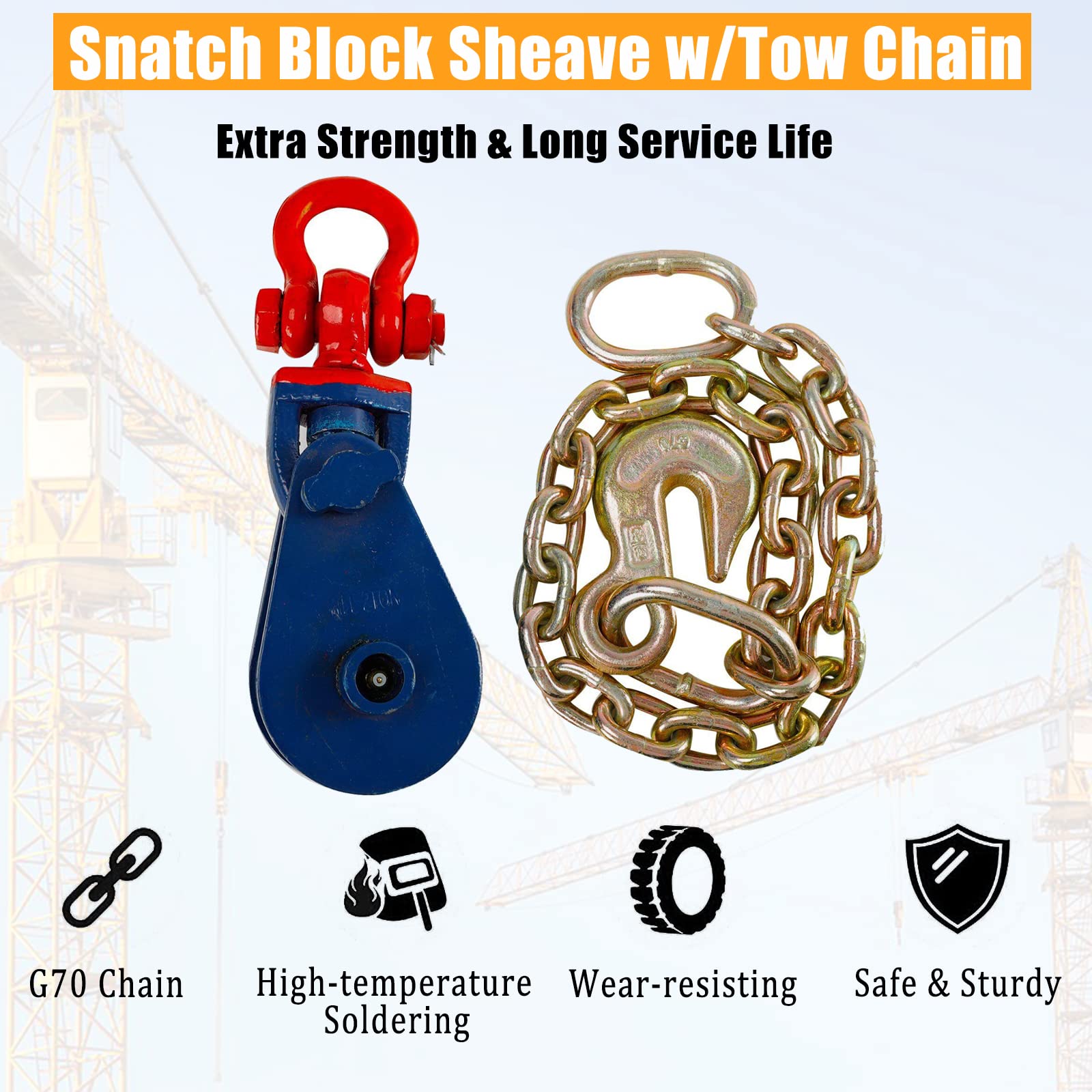frperce 2 Ton Snatch Block with G70 Chain, 3'' Single Sheave Block w/Swivel Hook Fit 3/8'' Wire Cable Heavy Duty for Pulling Wrecker Roll Back Recovery