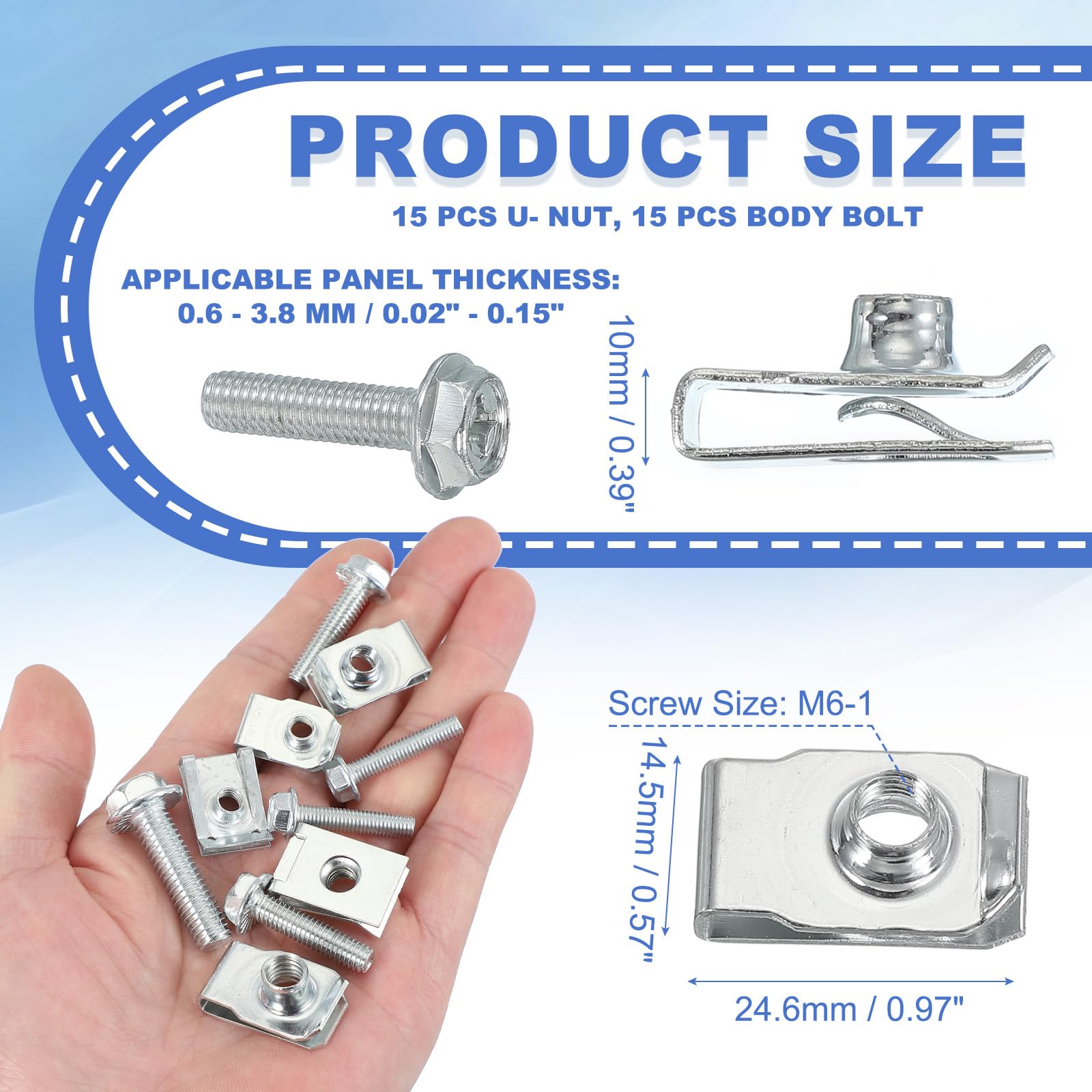 PATIKIL M6-1 Bolt and U-Nut, 15 Pcs Extruded U Nut & Body Bolt Kit Fastener Hardware for Automotive Metal Cars Motorcycles - Image 2