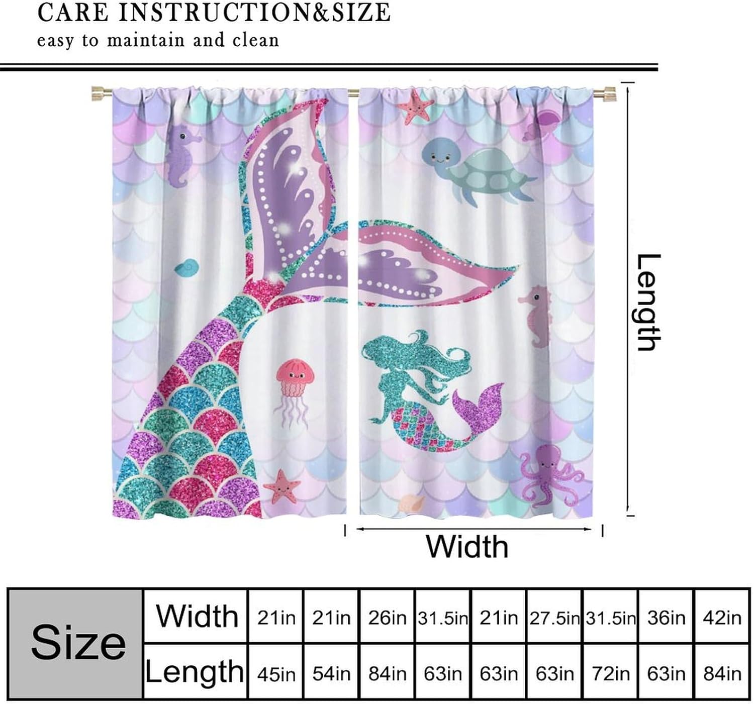 Mermaid Curtains for Girls Bedroom Decor Fantasy Rainbow Colorful Cartoon Ocean Underwater Animals Art Printed Blackout Window Drapes Fabric Set 2 Panel 42x45 Inch 80% Shading Rate