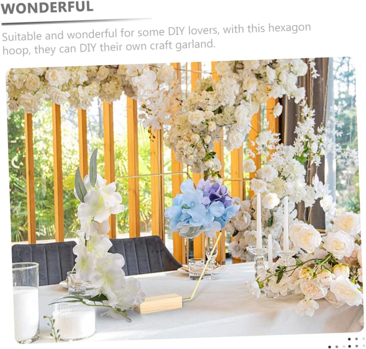 PRETYZOOM DIY Metal Floral Hoop 10pcs Hexagon Ring with Wooden Base Wedding Table Centerpiece for Bride