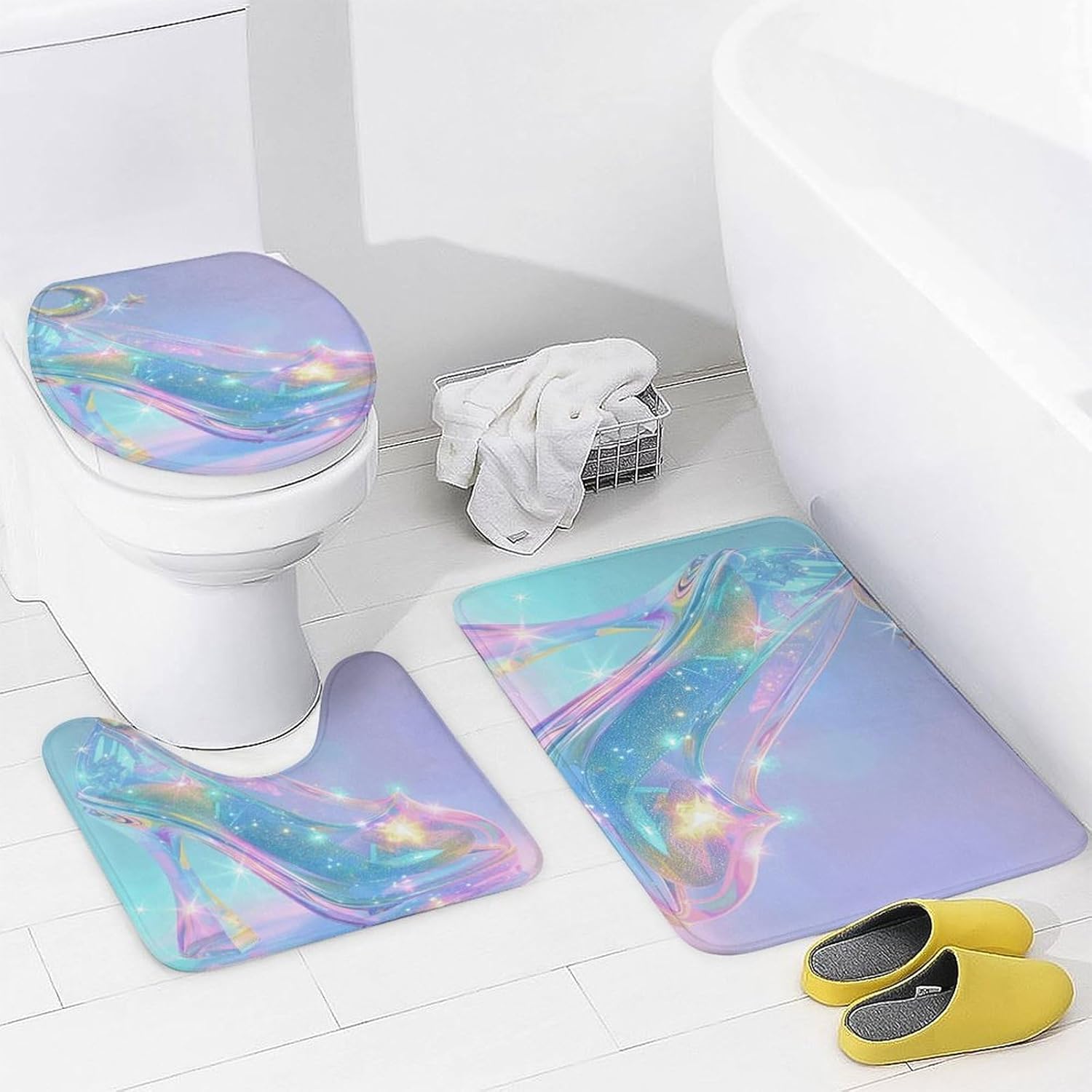Star Glass Slippers Shower Curtain Set 4 Piece, Non-Slip Bath Mat with Toilet Lid Cover and Waterproof Shower Curtain with 12 Hooks, Complete Bathroom Set for Home Decor