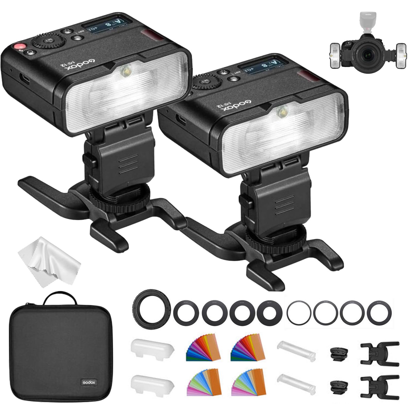 Godox MF12 Kit2 Flash Macro TTL Anello Wireless 2,4GHz con Batteria Integrata, 500 Flash a Potenza Piena, Potenza 1/128–1/1, Filtri Inclusi, Compatibile con Canon Sony Nikon Fujifilm Olympus Panasonic