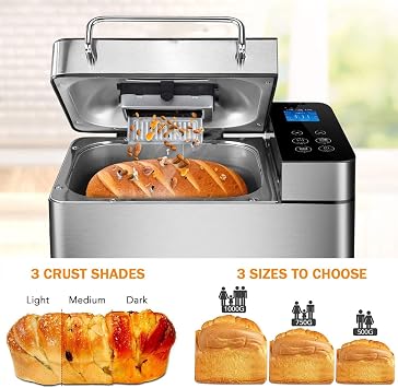 Bread Maker Machine, Fully Automatic Bread Machine, 15-in-1 Automatic Nut Dispenser Pan Maker with Timer Delay, 1 Hour Warm, Stainless Steel & Non-Stick Ceramic Pan, Gluten Free