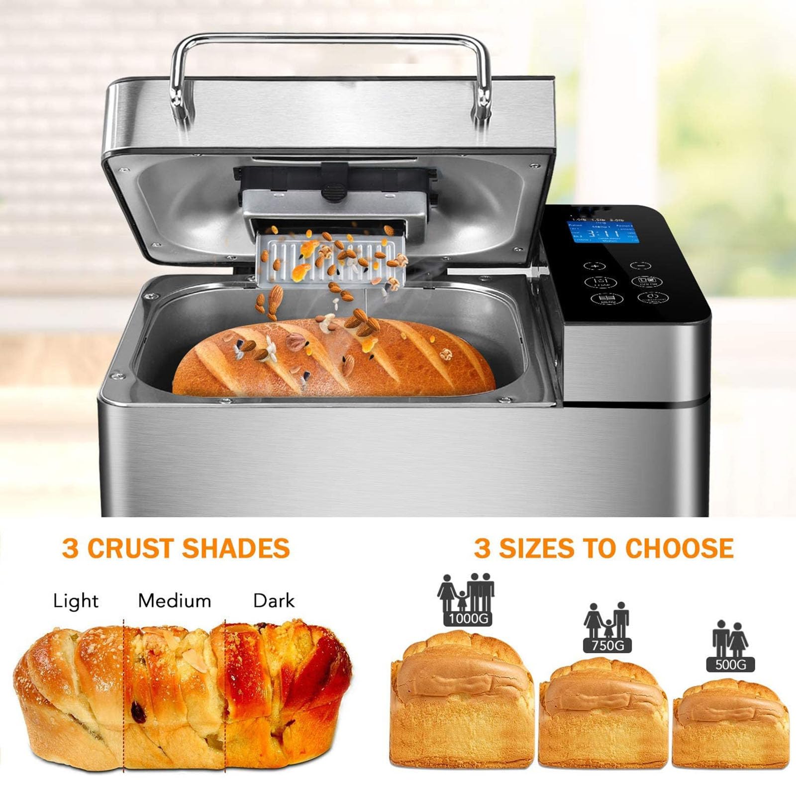 Máquina para Hacer Pan, máquina para Hacer Pan Completamente automática, dispensador automático de nueces 15 en 1, máquina para Hacer Pan con Temporizador de retardo, 1 Hora para Mantener Caliente