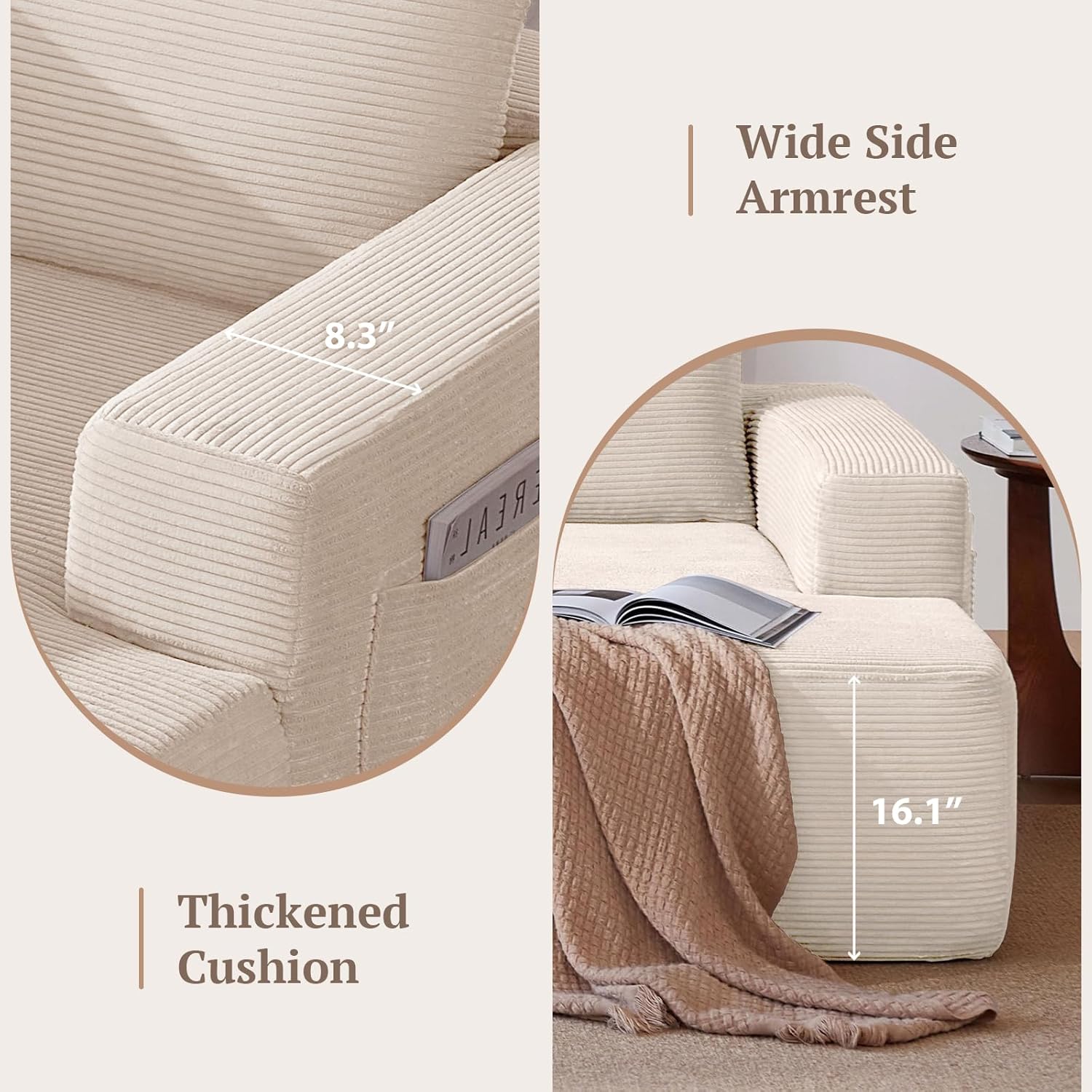 Yafylly 97inch Boneless L-Shaped Sectional Sofa with Throw Pillow & Side Pockets- No Assembly Compressed Modular Couch, Memory Foam, Deep Seat for Living Room, Bedroom, Apartment White Right