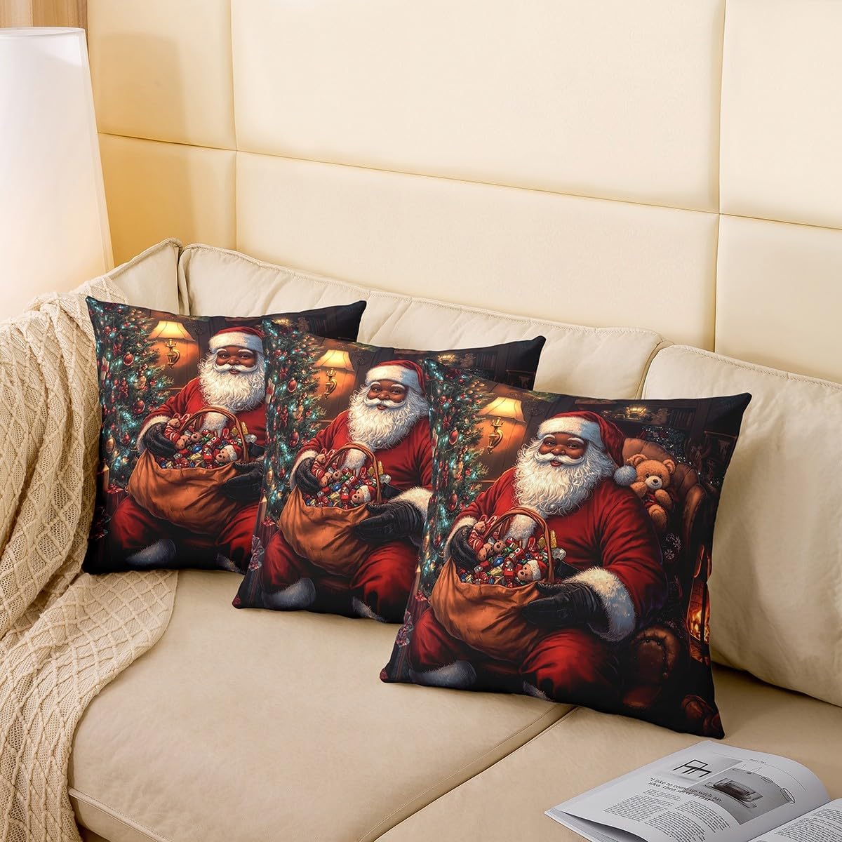 jejeloiu Christmas Throw Pillow Covers 18"x18" Set of 4 Xmas Theme Cushion Case for Kids Boys Girls Teens Black African American Santa Claus Decorative Pillow Case Pillowcase Cute Bear Pillows Covers