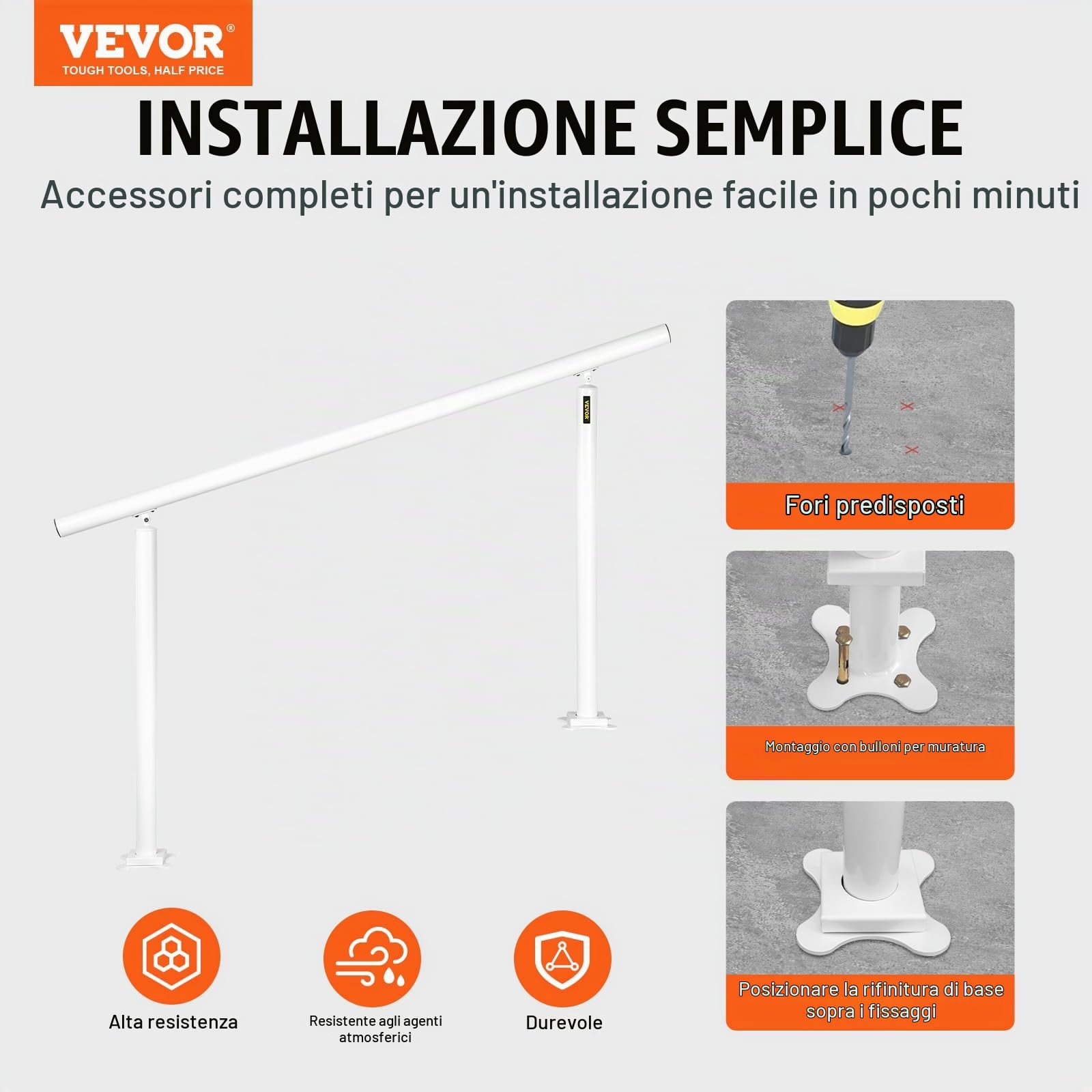 VEVOR Kit di Corrimano per Scale da Esterno Interno Bianco in Alluminio Adattabile 0-5 Gradini, Corrimano con Palo Doppio Lunghezza 152,8cm Altezza 91cm Massimo 5 Gradini, Corrimano in Allumino Bianco