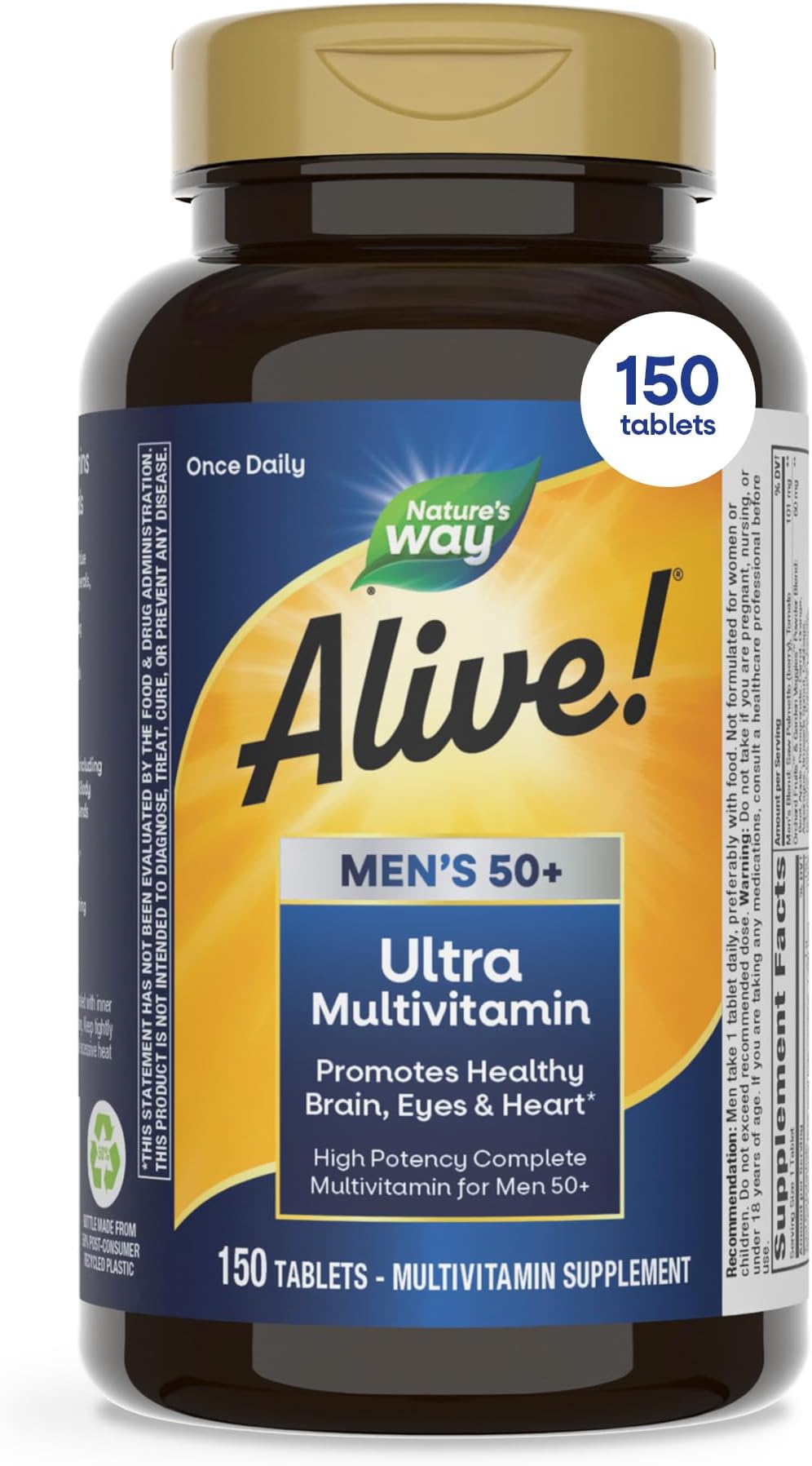 Nature's Way Alive! Ultra Potency Multivitamin for Men 50 Plus, Complete High Potency Formula with Vitamin D3, C, E, Methyl B12, Supports Cellular Energy, Heart, Brain, and Eye Health,* 150 Tablets
