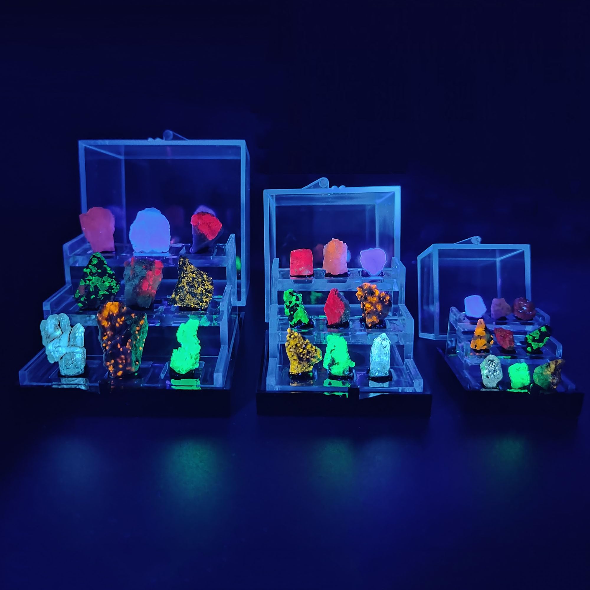 Set de especímenes minerales naturalmente Fluorescentes con luz UV365 – 9 Piedras Raras Que Brillan bajo luz UV – Muestras minerales Reales – Colección educativa y Decorativa (M)