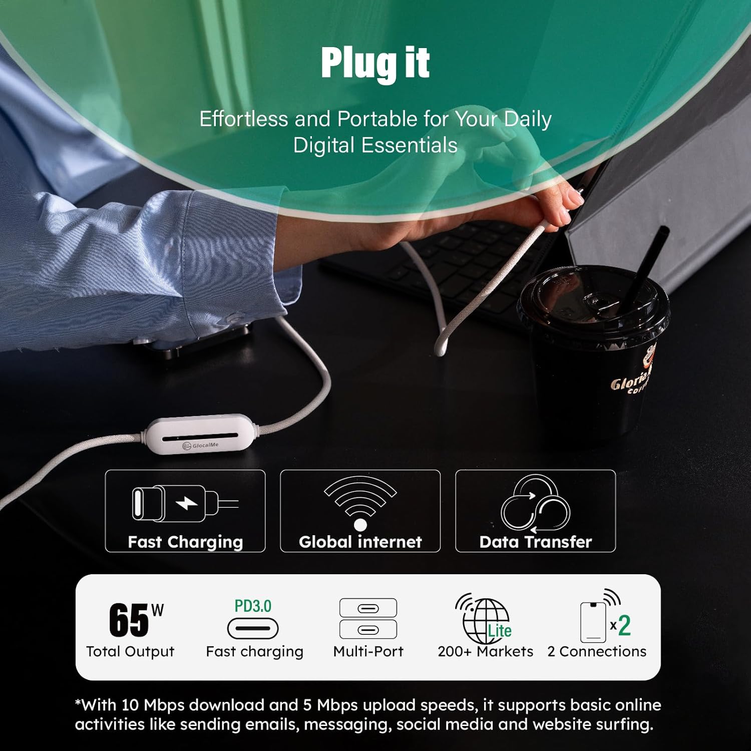 GlocalMe UniCord USB C Cable with 4G WiFi Mobile Hotspot, Register for 1GB/Month Data for 3 Months and 10GB US Data, 65W Fast Charging Cable with a USB A, 3.2ft Type C for Phone, Tablet, Laptop