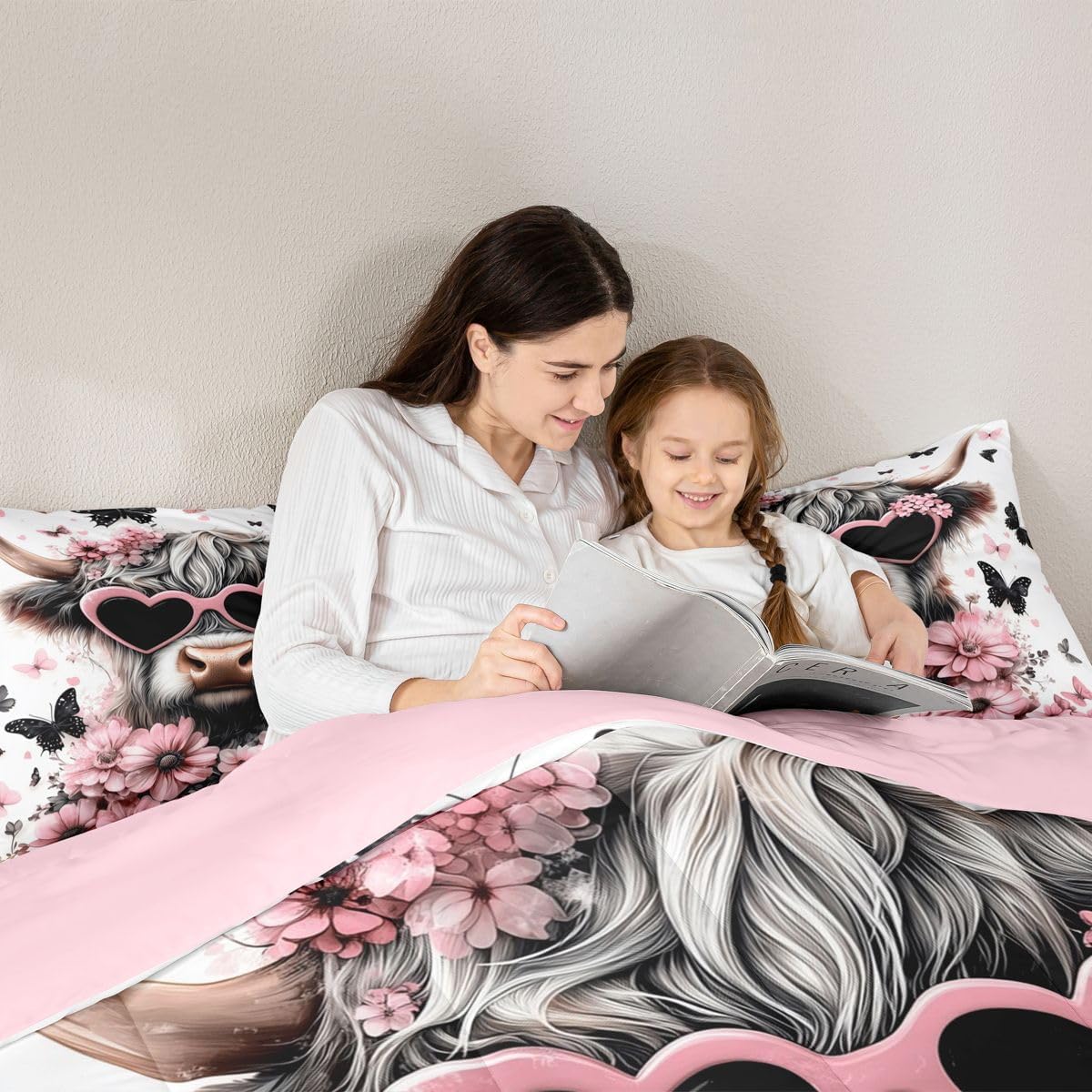 Manfei Highland Cow Comforter Set Queen Size,Pink Flower Black Butterfly Bedding Set 3pcs,Farm Animal Theme Down Comforter for All Season,Kids Boys Girls Room Decor,2 Pillowcases,No Sheets