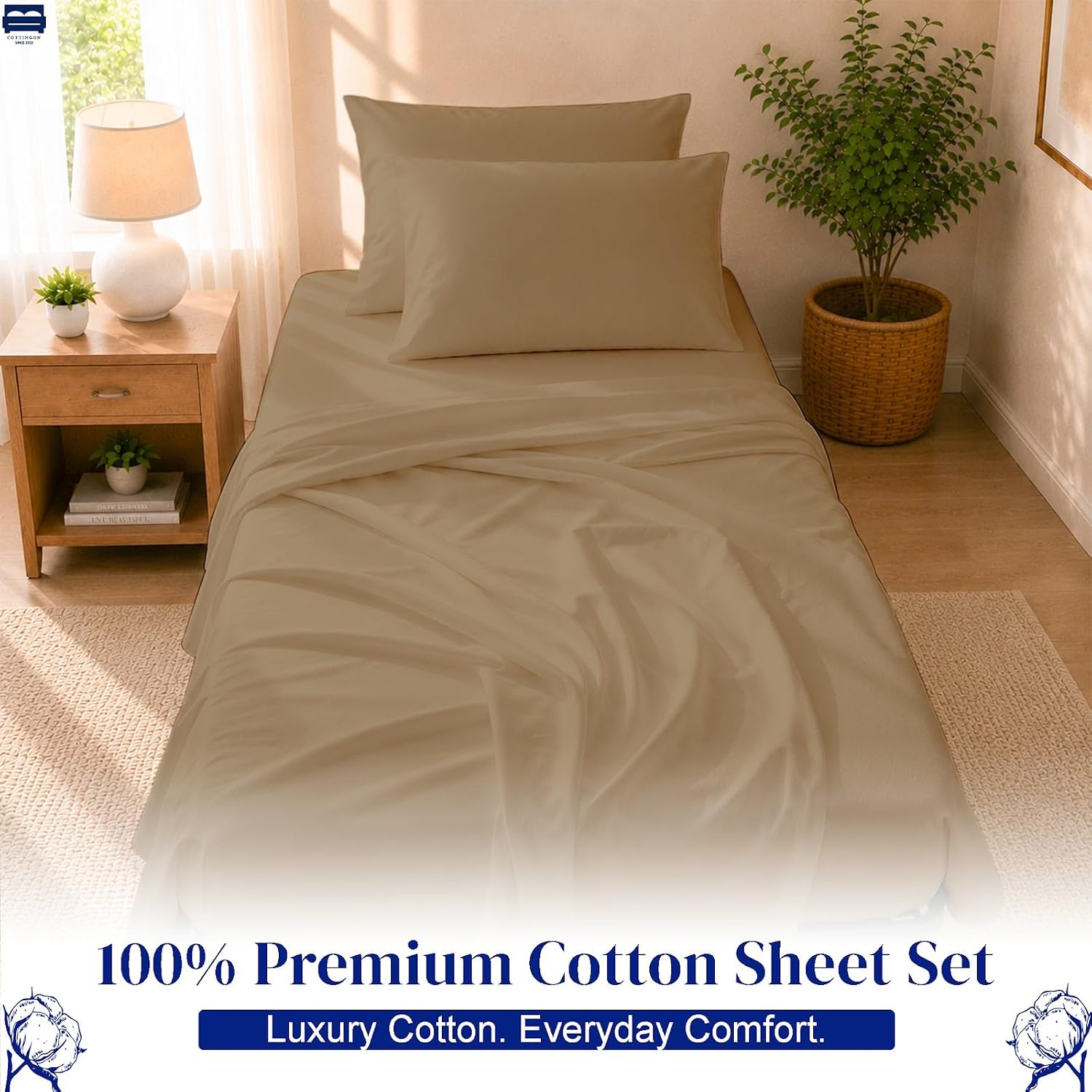 Cottingon 4 PC Cot Sheet Set 33"X75", Egyptian Cotton, Taupe image 2