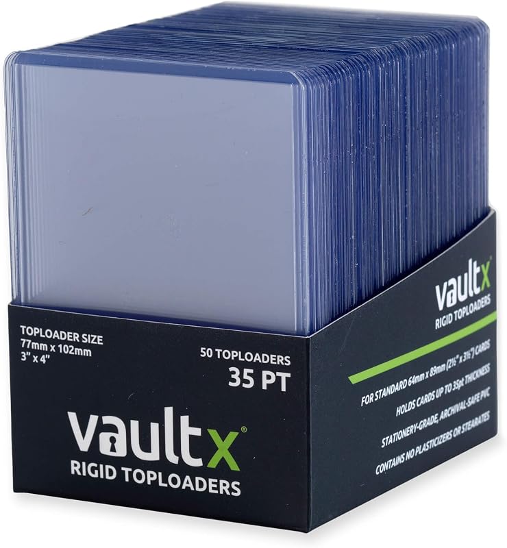 Vault X 35pt Toploaders (50 Pack) 3" x 4" Rigid Card Holders for TCG | Protects & displays cards, 35pt rigid. Seamless, crystal-clear 3" x 4" toploaders. 50-pack for sports cards & collectors.