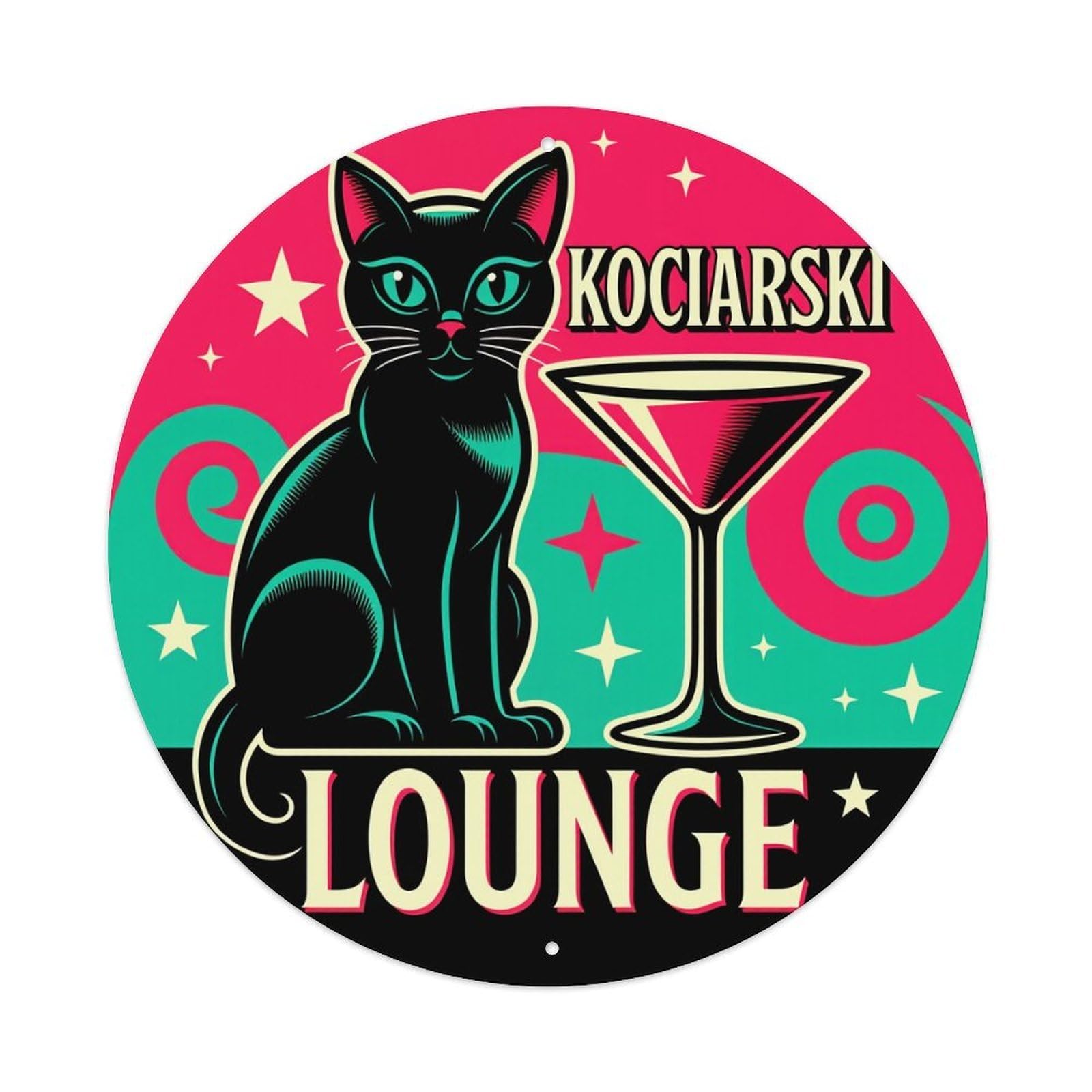 Black Cat Martini Stars Lounge Round Tin Sign Vintage Style Metal Sign Home Bar Garden Wall Plaque Decor Metal Poster 8x8 Inch