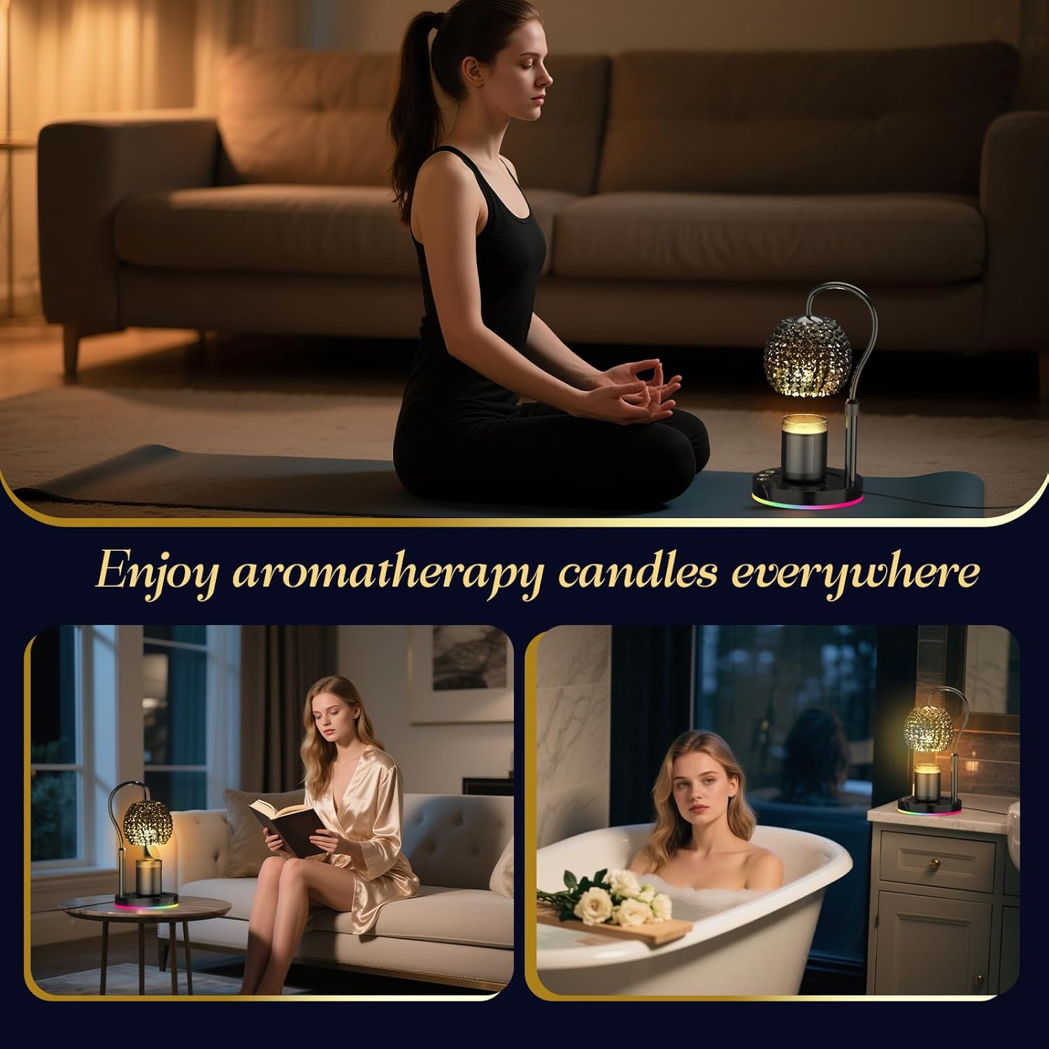Luxury Smart Touch Candle Warmer Lamp with Crystal Gemstone Shade & Color-Changing Premium Base - Adjustable LED Wax Melt Warmer for Home Decor Black
