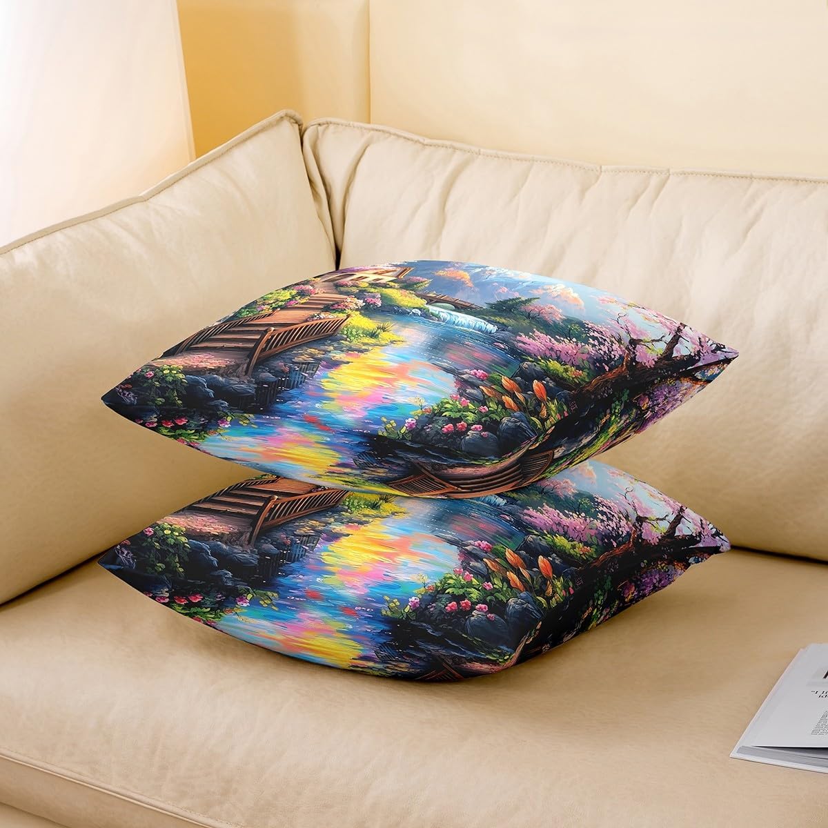 Japanese Ukiyoe Pillow Covers for Couch Sofa Bed Camping Dreamy Scenery Cushion Covers Cherry Trees Fuji Mountain Cushion Case Rustic Cabin Outdoor Pillowcases 22"x22",Set of 2