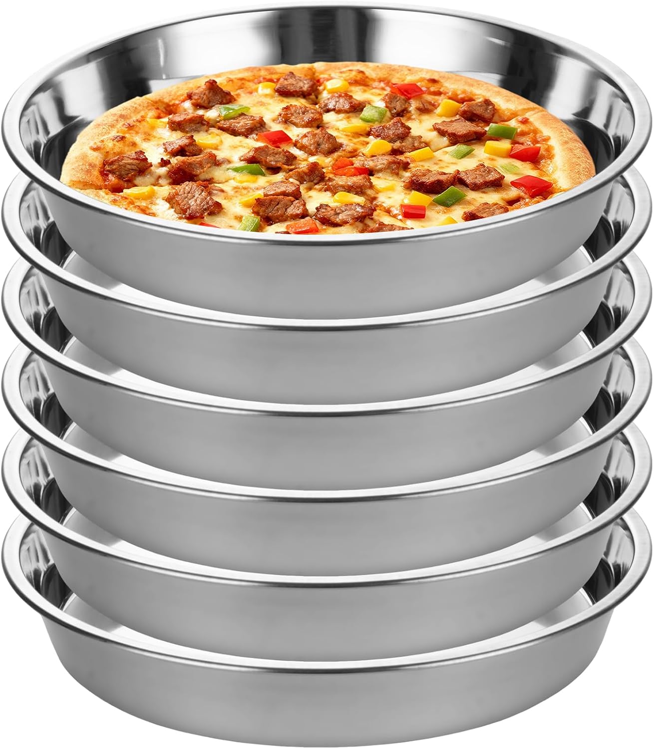 LANIAKEA 6 Pcs Pizza Pan, 12in Stainless Steel Baking Trays for Oven, Round Deep Dish Pizza Tray with 1.57in Rim for Pie, Snacks and Family Baking Use