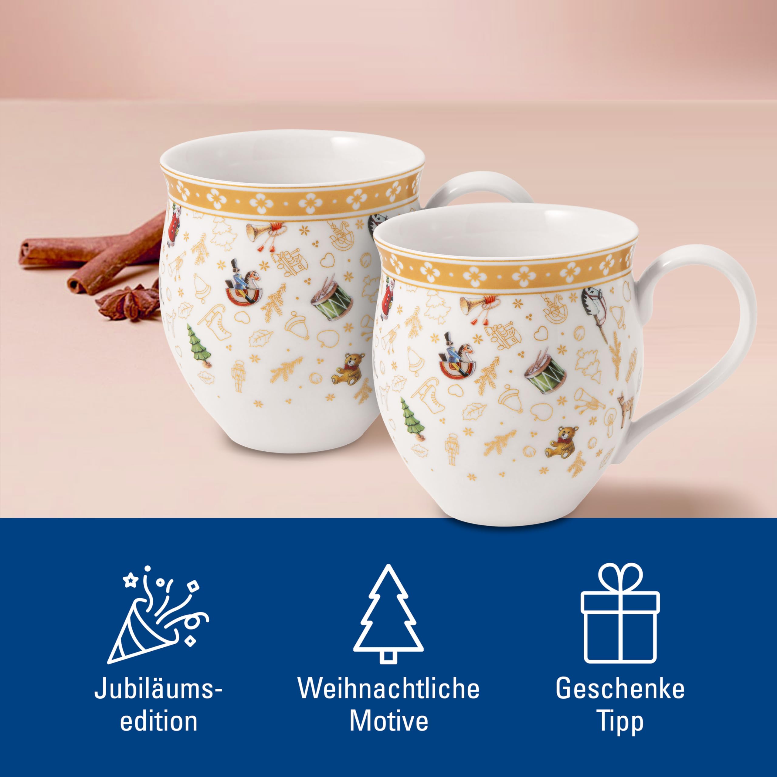 Villeroy & Boch - Toy's Delight Becher mit Henkel Set 2-teilig Jubiläumsedition 390 ml Gold und Weiß, Spülmaschinenfest, Mikrowellensicher, Kaffeebecher, Tassen Xmas, Weihnachten, Premium Porzellan