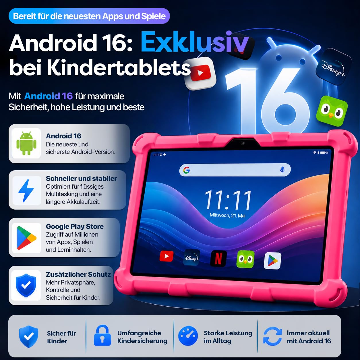 AngelTech Kindertablet XL Pro II – 10 Zoll HD 2025 – Android 16 Kinder Tablet mit Kindersicherung – 6GB RAM + 8GB virtuell, 128GB Speicher – Tablet für Kinder mit Schutzhülle – Rosa
