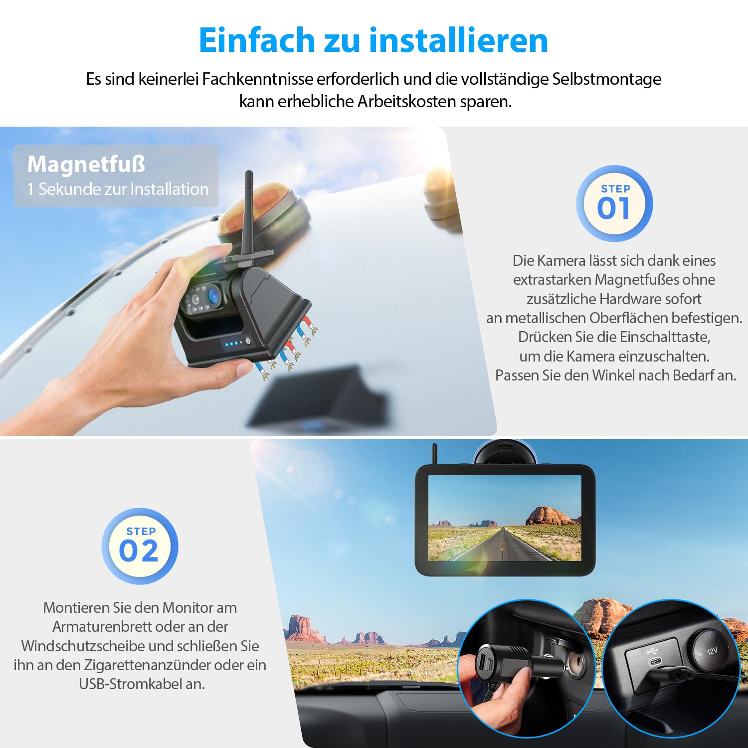 Rückfahrkamera Kabellos Solar 7" 9600mAh Akku 1080P HD Monitor IP69K Wasserdicht für Anhänger Wohnmobile LKWs