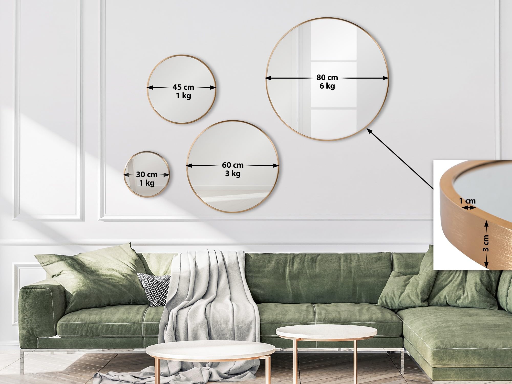CLP Miroir Mural Elsie I Miroir Rond de différentes Tailles I Profondeur 3 cm, idéal pour Le Salon, la Chambre à Coucher ou la Salle de Bain | Couleur Gold Mat Taille L