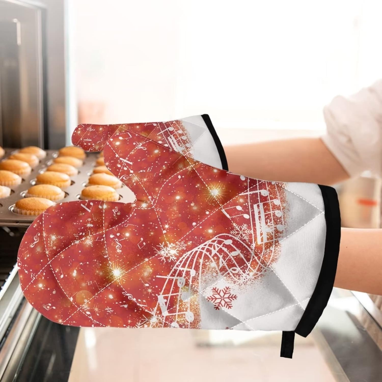 TODIYADDU X-Mas Snowflake Music Notes Oven Mitts and Pot Holders Set of 4 Heat Resistant Decorative Oven Mitts Set for Microwave BBQ Grill Oven Stove Prevent Hands Burns