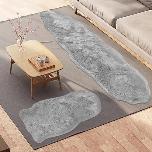 ELEHOLD Alfombra de piel sintética de 2 x 6 pies + 2 x 3 pies, ultra suave y esponjosa, alfombra de área mullida para dormitorio, sofá, sala de