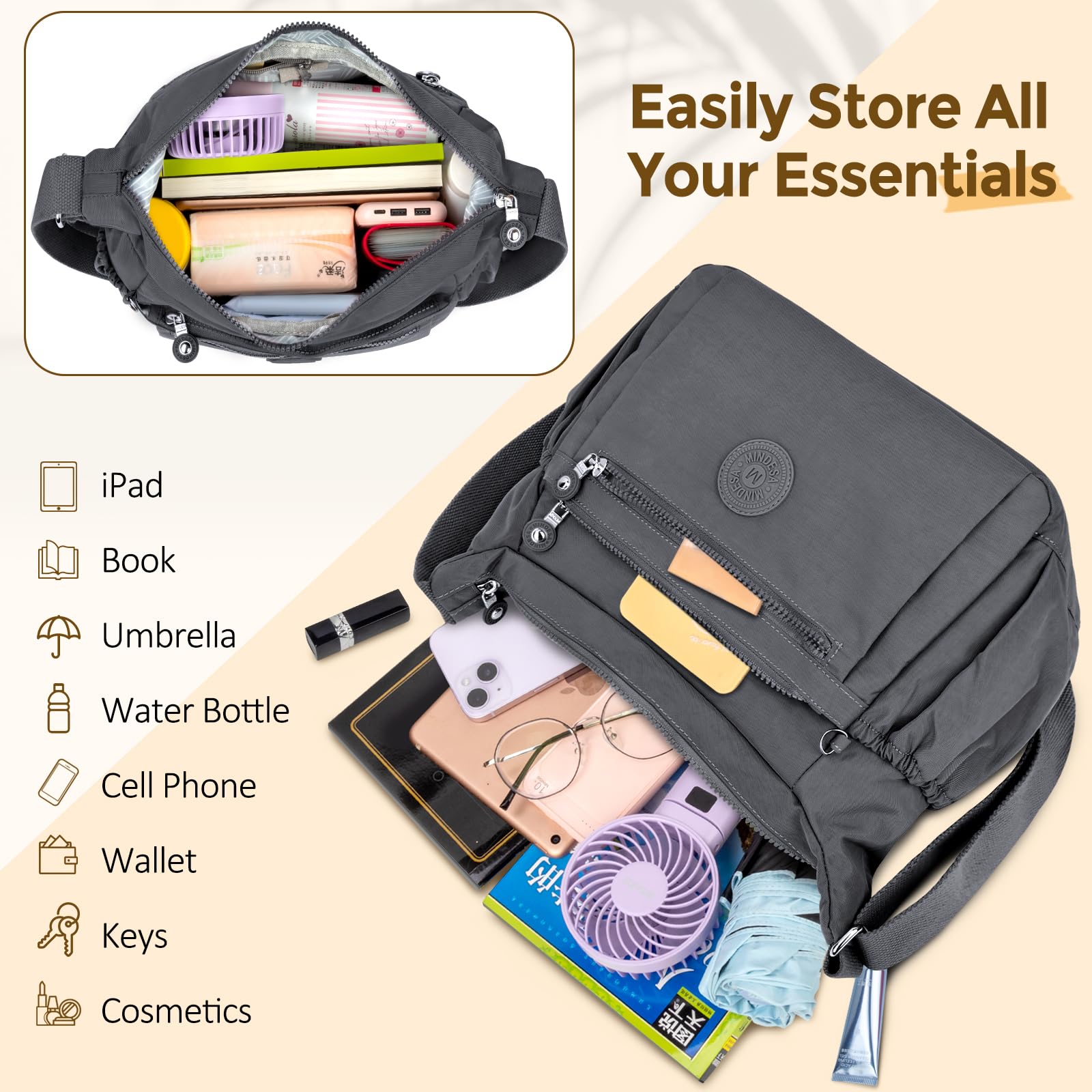 WACCET Borsa a Tracolla da Donna, Borsa Tracolla Grande Multitasche in Nylon Impermeabile Borsa a Spalla Donna con Tracolla Regolabile Leggera Crossbody Bag Donna per Shopping Lavoro Viaggio Festa