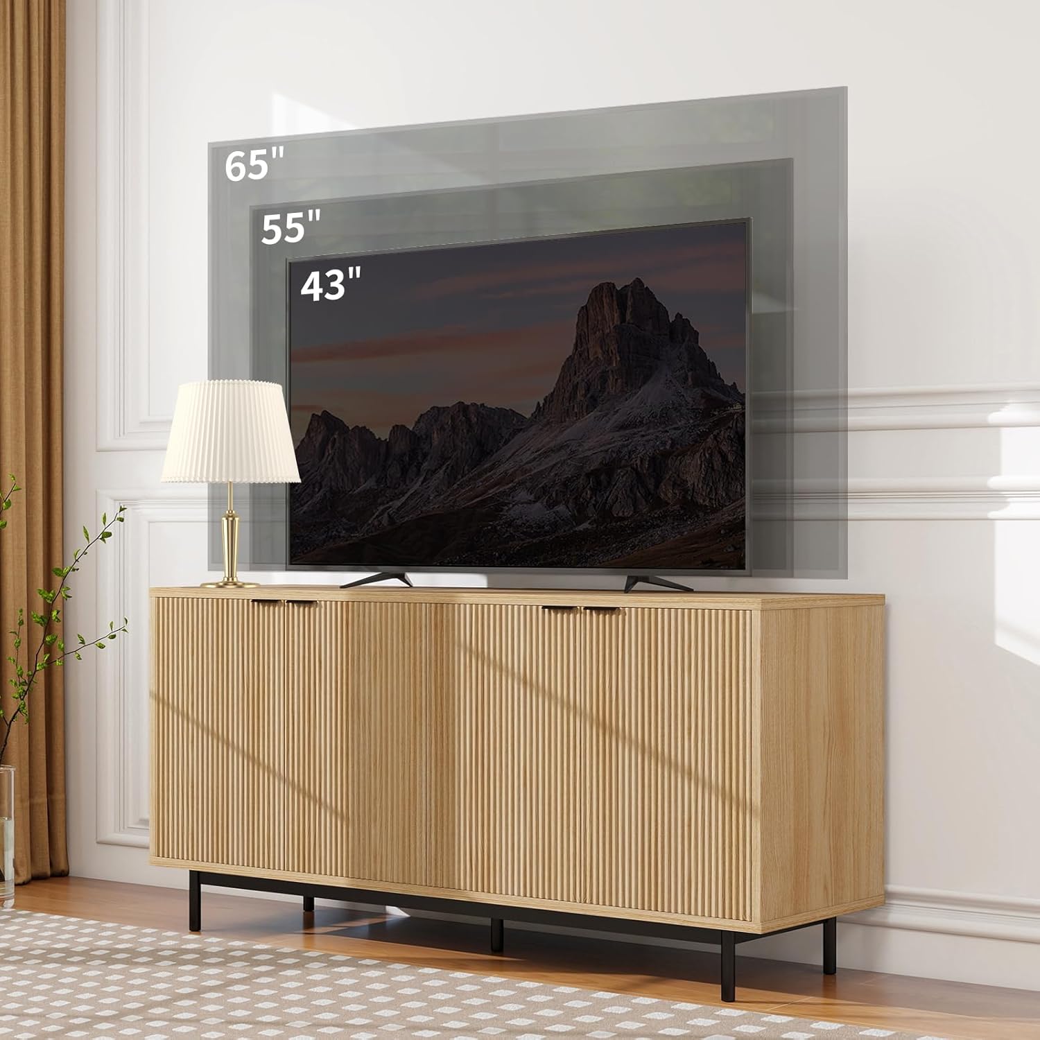 Vipbear Modern Fluted TV Stand for 50/60/70 Inch TV, Mid-Century Entertainment Center with Storage Cabinet, Adjustable Shelves and 4 Doors, Wood Media TV Console for Living Room, Bedroom, Oak