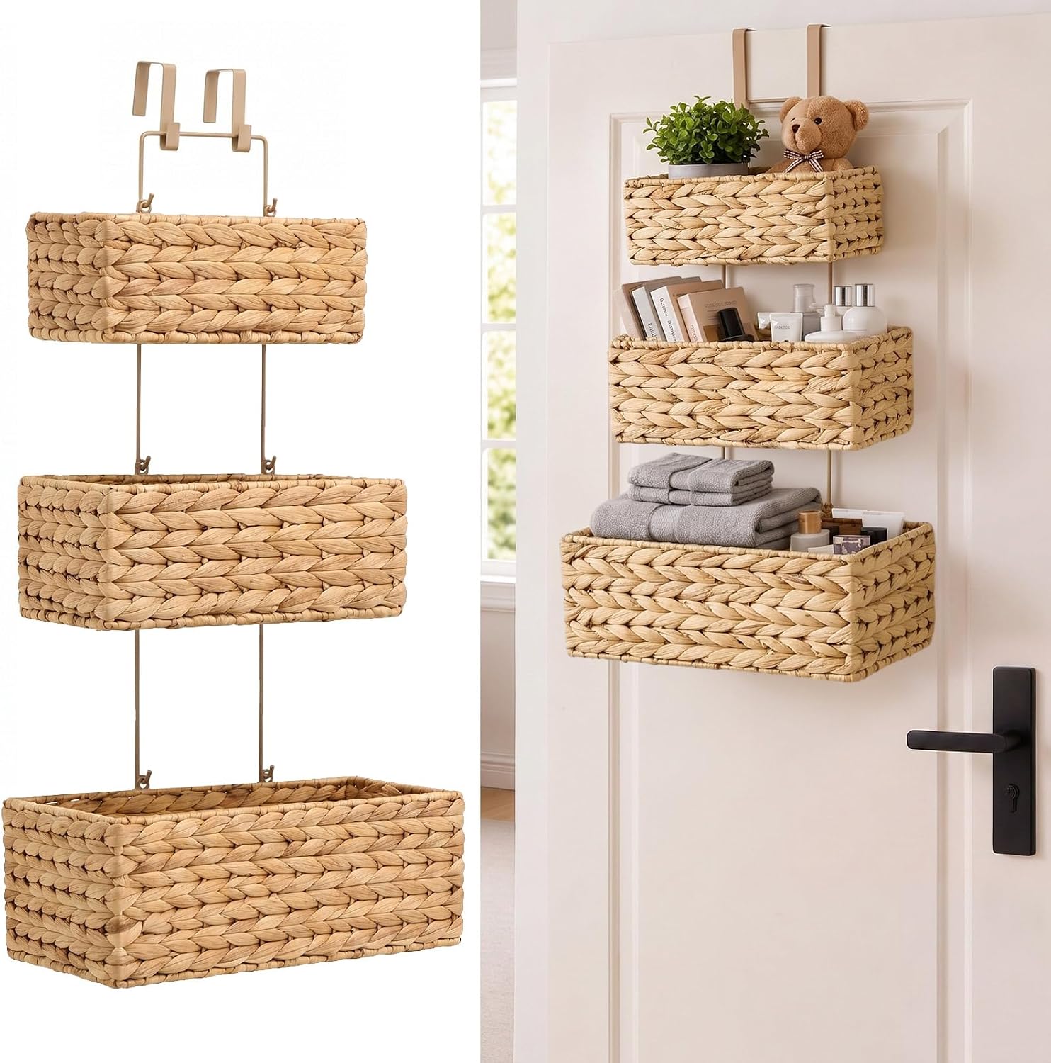 Hoteam Wicker Over The Door Pantry Organizer, 3 Tier Hanging Storage Basket