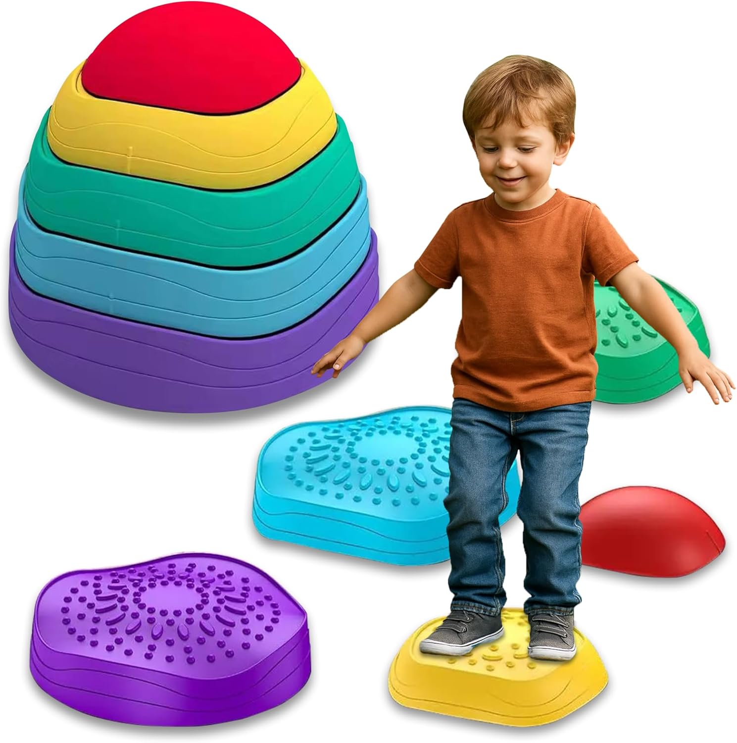 Stepping Stones for Kids, 5pcs Non-Slip Toddler Stepping Stones Age 3-6, Stackable Balance Stones with Stickers, Indoor & Outdoor Obstacle Course Sensory Toy, Promotes Balance & Coordination Skills