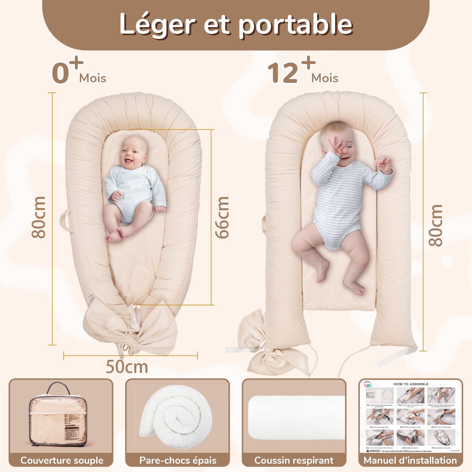 EAQ Couffin de Voyage Bébé 100% Coton Nid Cocoon Lit Nouveau-né, Amovible Lavable