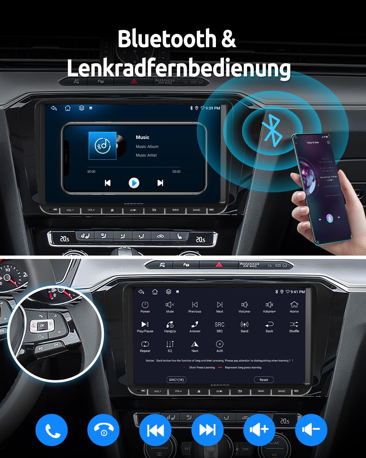 ESSGOO True 4+64G Wireless Autoradio, 9 Zoll Touchbildschirm mit Carplay Android Auto, Android 15 Car Radio für VW Golf 5 6 T5 Polo Passat Touran Tiguan Seat Skoda mit Bluetooth GPS AM FM RDS SWC