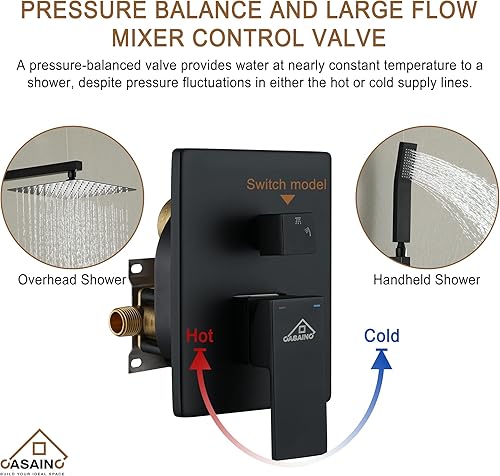 Vista 6 de CASAINC Juego combinado de cabezal de ducha tipo lluvia de 10 pulgadas, cabezal de ducha de lluvia de lujo con rociador de mano montado en la pared