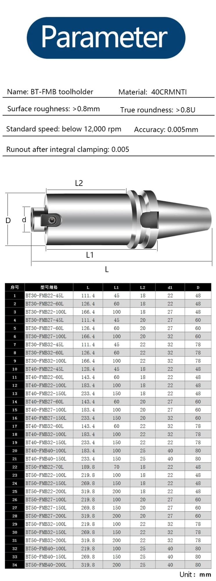 Portaherramientas para fresado frontal BT FMB BT30 BT40 BT50 FMB22, portaherramientas CNC de 45L, 60L y 100L, compatible con discos EMR 300R 400R(BT30-FMB22-60L)