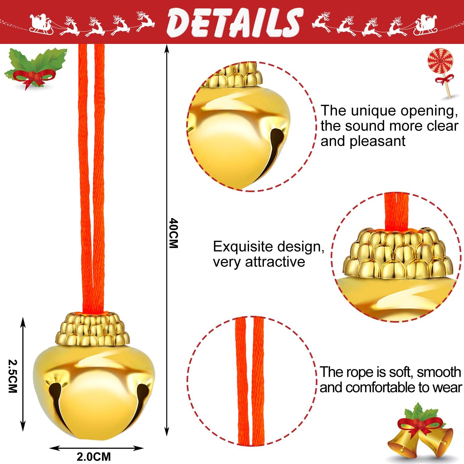 Gejoy 36 Pieces Christmas Bell Necklaces Decorations Gold Red Green Silver Xmas Bell Necklaces Bulk with Ribbons for Holiday Party Accessories Stocking Stuffers - Image 2