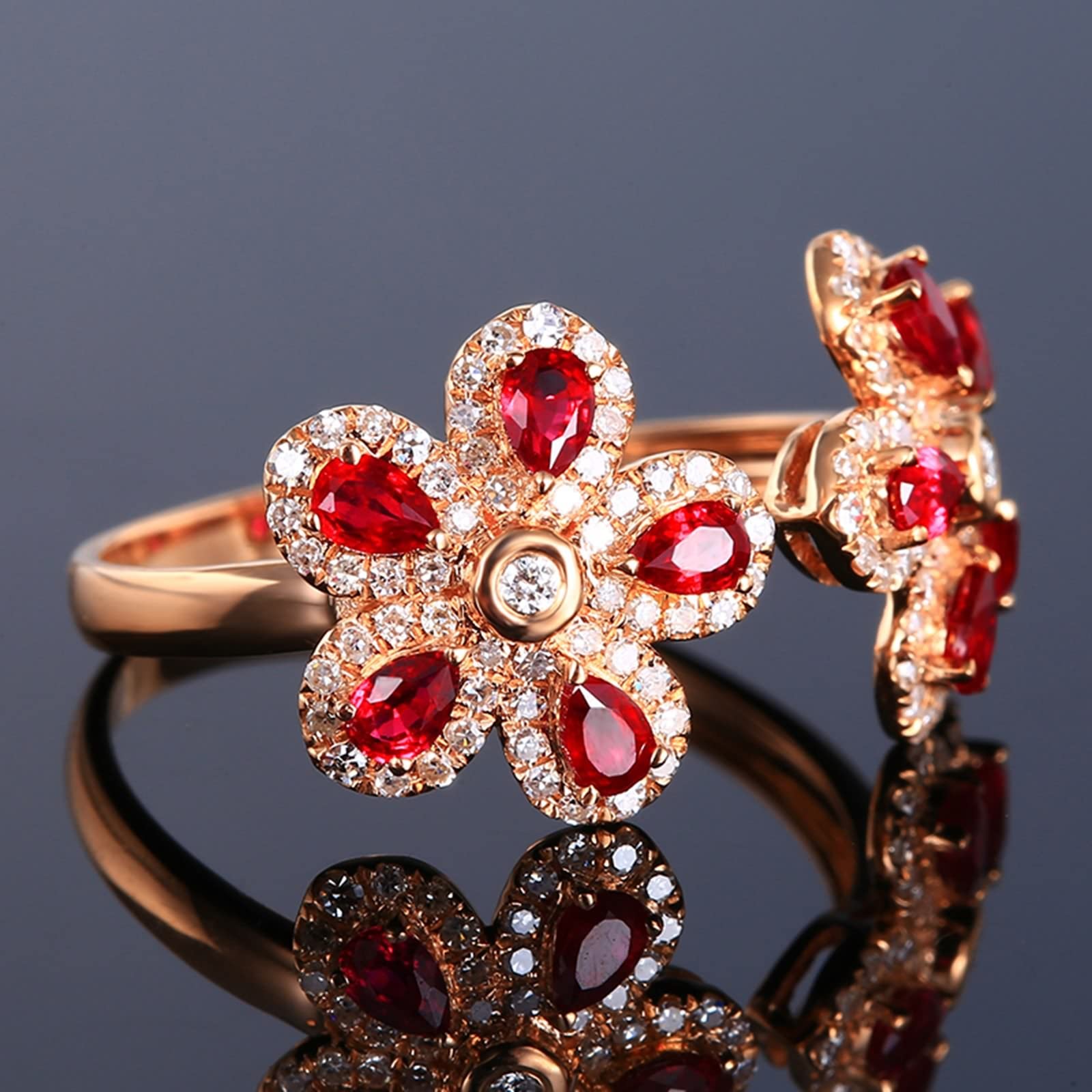 KnSam Au750 - Anillo de boda de oro rosa de 18 quilates, para mujer, color rojo rubí, doble flores, oro rosa, Au750 con diamantes de joyería auténtica