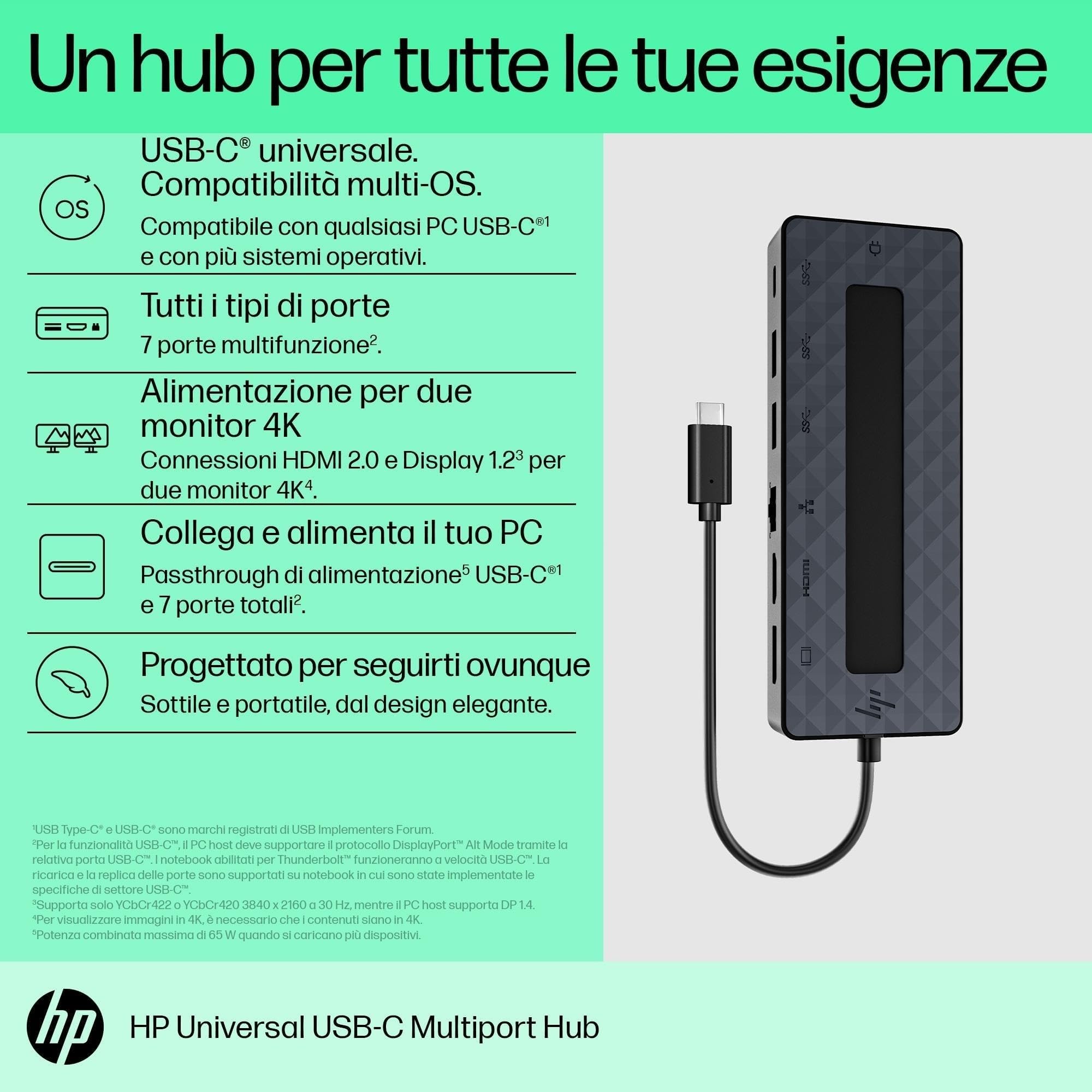 HP Hub Multi porta USB-C Universale, Compatibile con PC dotati di Porta USB-C, Power Delivery e DisplayPort, Nero