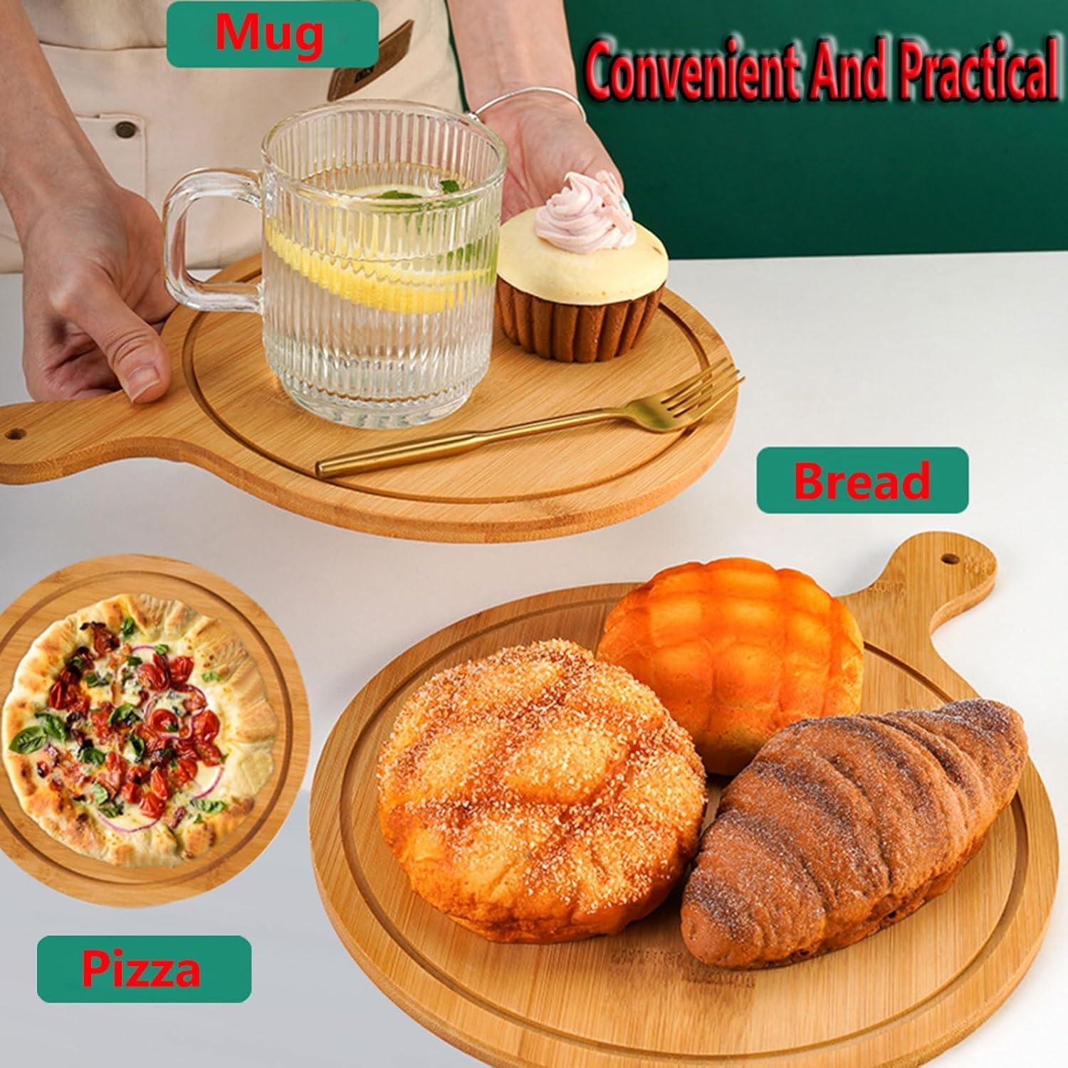 Juego de 6 platos de madera de alta calidad para servir y cortar, platos de bambú duraderos con asa, ligeros para el hogar y restaurante, hasta 13 pulgadas