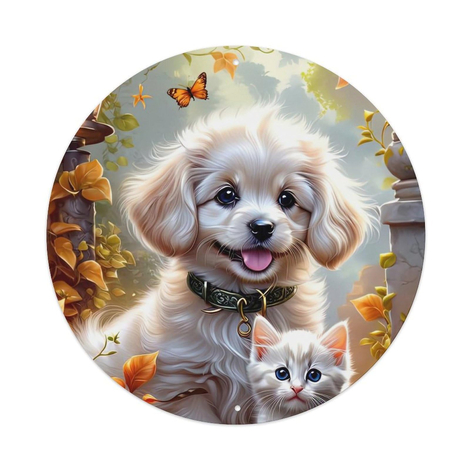 Animal Artwork Cute Puppy And Kitten Metal Tin Sign